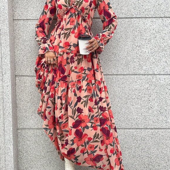 Multicolor Boho Women's Allover Floral Print Lantern Sleeve Ruffle Hem Dress - Picture 6 of 6